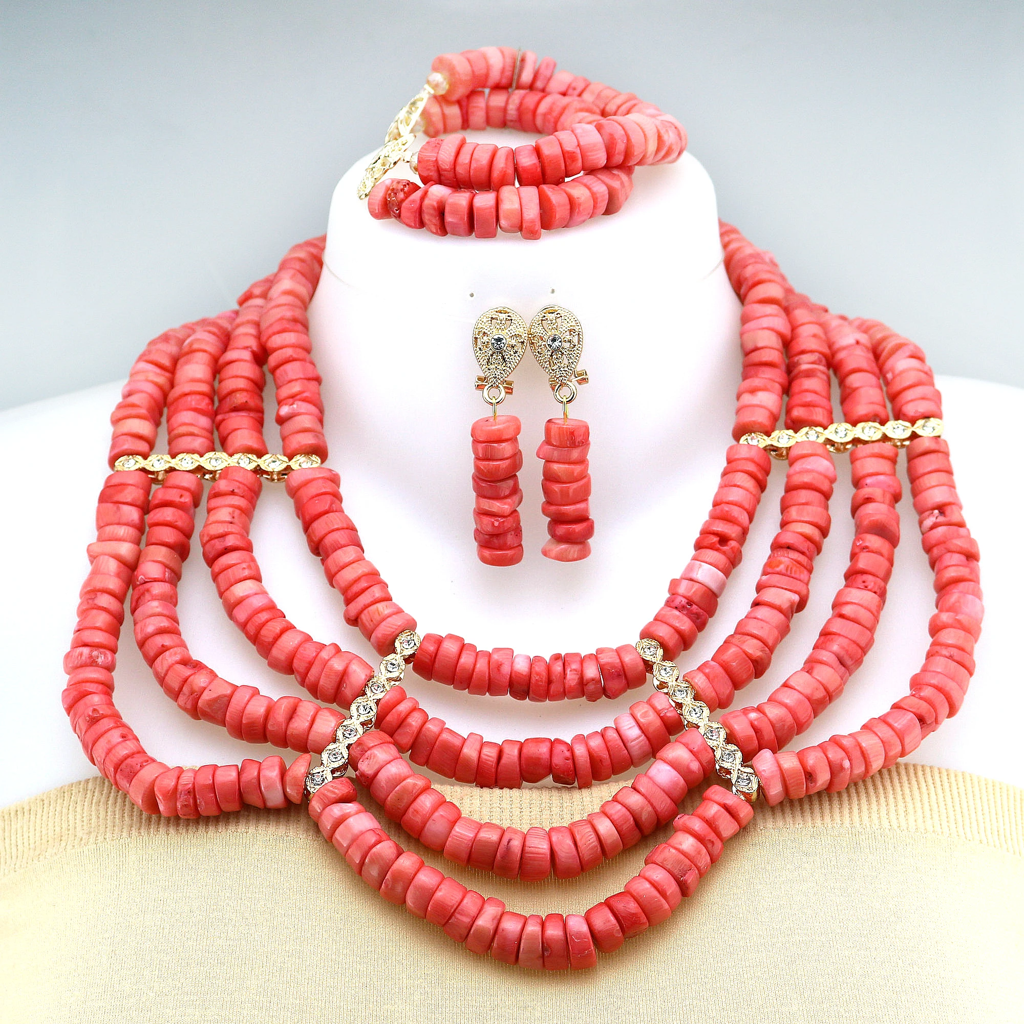 2025 New Design African Wedding Jewelry Set High Quality Artificial Coral Bead Women Bib Necklace Nigeria Bride Party Gift