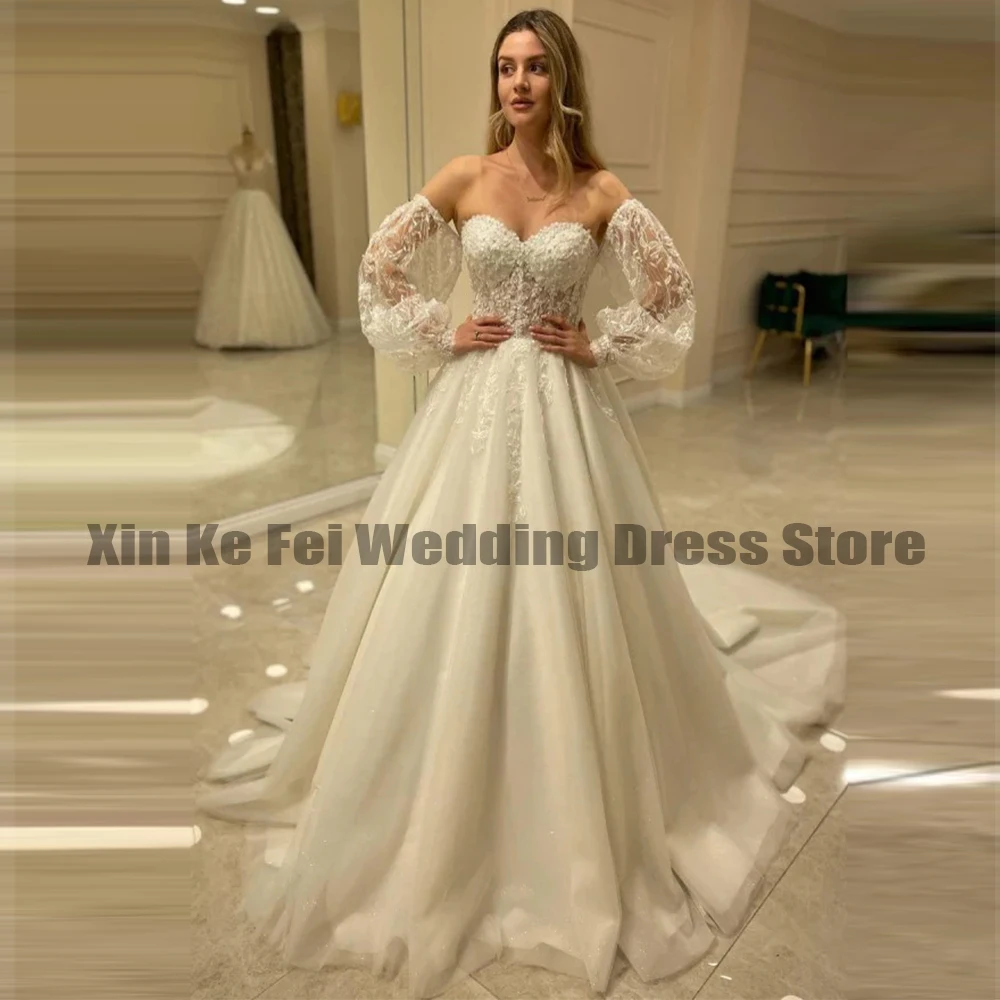 Vestidos De novia bohemios para mujer, elegante vestido De novia Formal con calcomanía De encaje De tul con escote Corazón y mangas farol De princesa