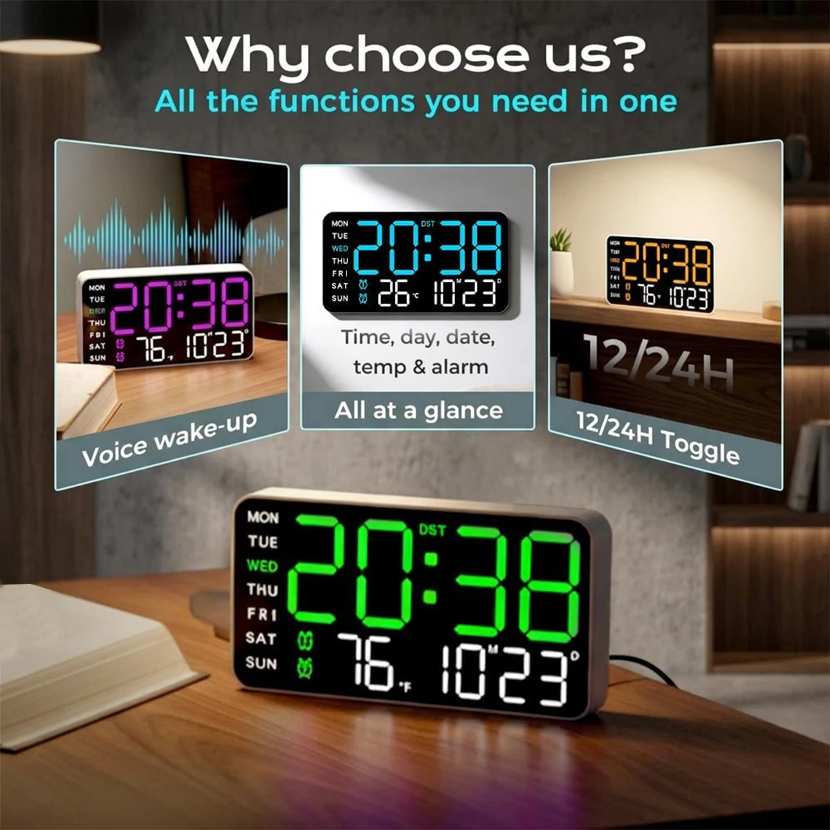 LED Multi-Function RGB Wall Light with Clock Date and Temperature Display Auto DST Timer Alarm Voice Control RGB LED Wall Clock
