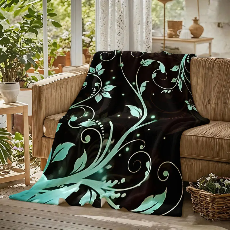 Teal Vines Floral Brown Flannel Blanket Perfect for Sofa Office Bed Travel Sleep Read Relax Camping Four Season Use
