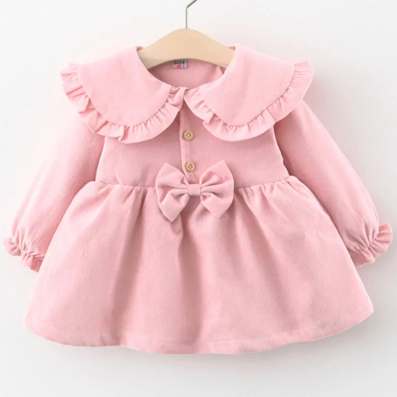 Vestido de princesa de lana rosa para niña pequeña, ropa coreana con cuello de muñeca, bonito lazo, novedad de primavera y otoño, 2024, BC2145