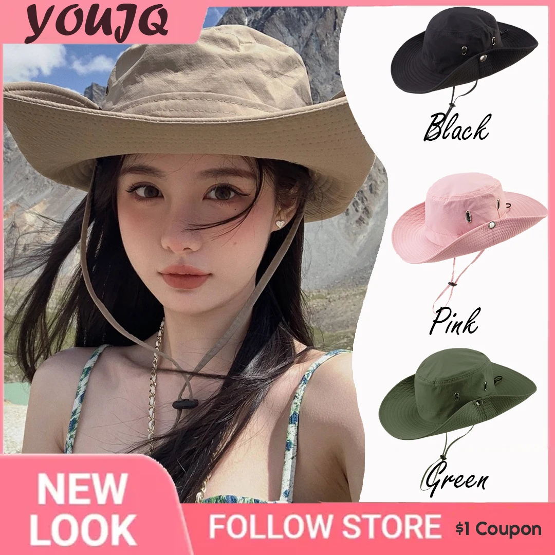 

Y2K Cowboy Bucket Hat with String Men Denim Beach Sun Hat for Women Outdoor Hiking Couple Spring Summer US Army Bucket Hat