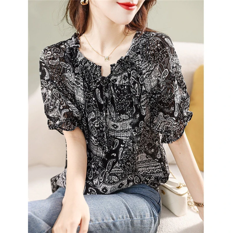 Women Silk Ruffle Lace Up Elegant Blouse Summer Korean Fashion V Neck Short Sleeve Shirt Y2K Sweet Chic Loose Tops Female Blusas