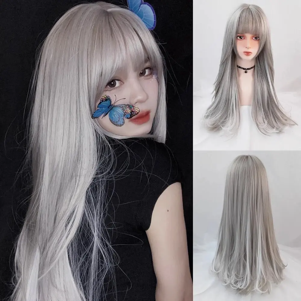 

Synthetic Wig Lady Long Gray Highlighting Straight Wig With Bangs For Women Heat-resistant Rose Net