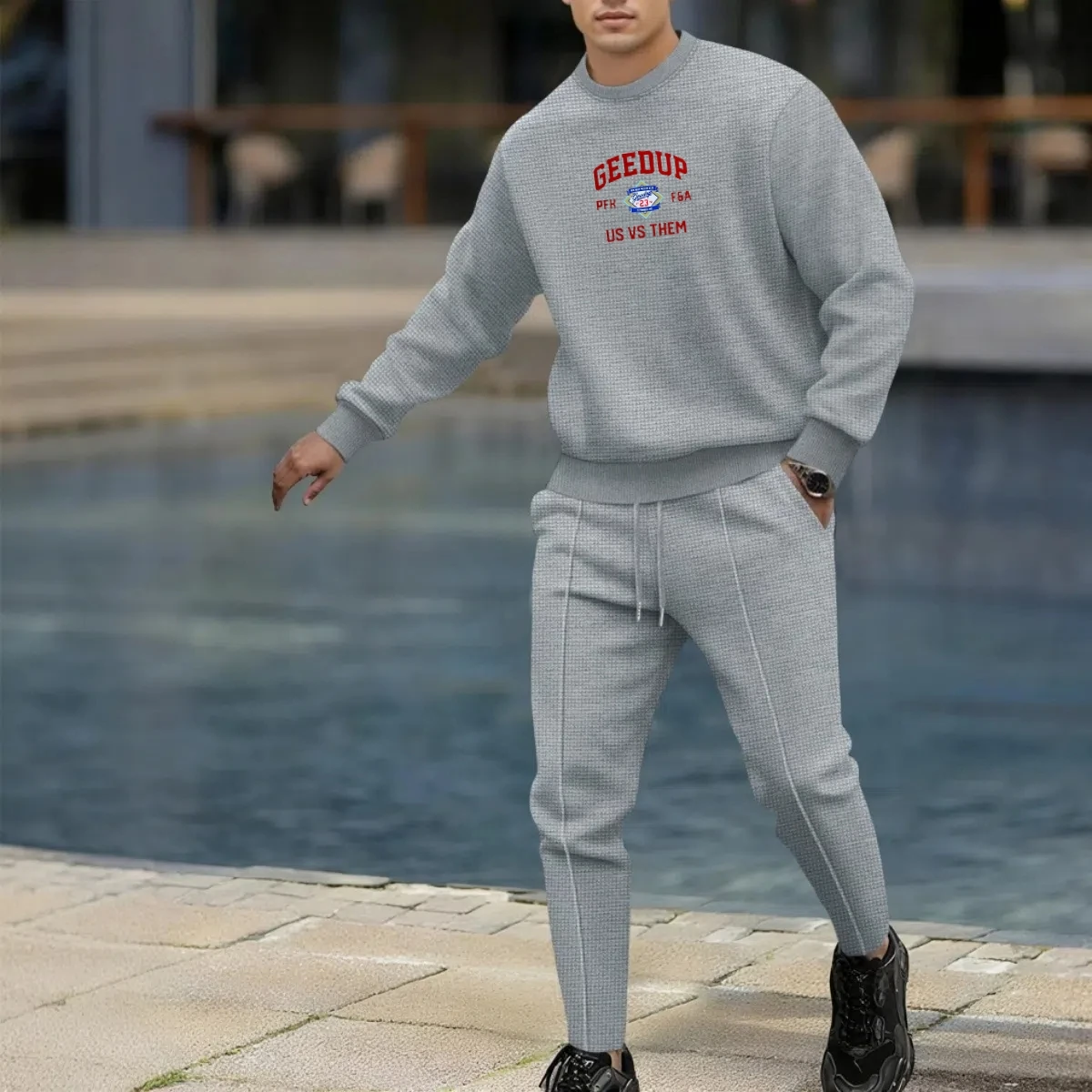 Men's Spring Autumn Fashionable Round-Neck T-Shirt Set Waffle Fabric Comfortable Polyester Long-Sleeved Trousers Two-piece set