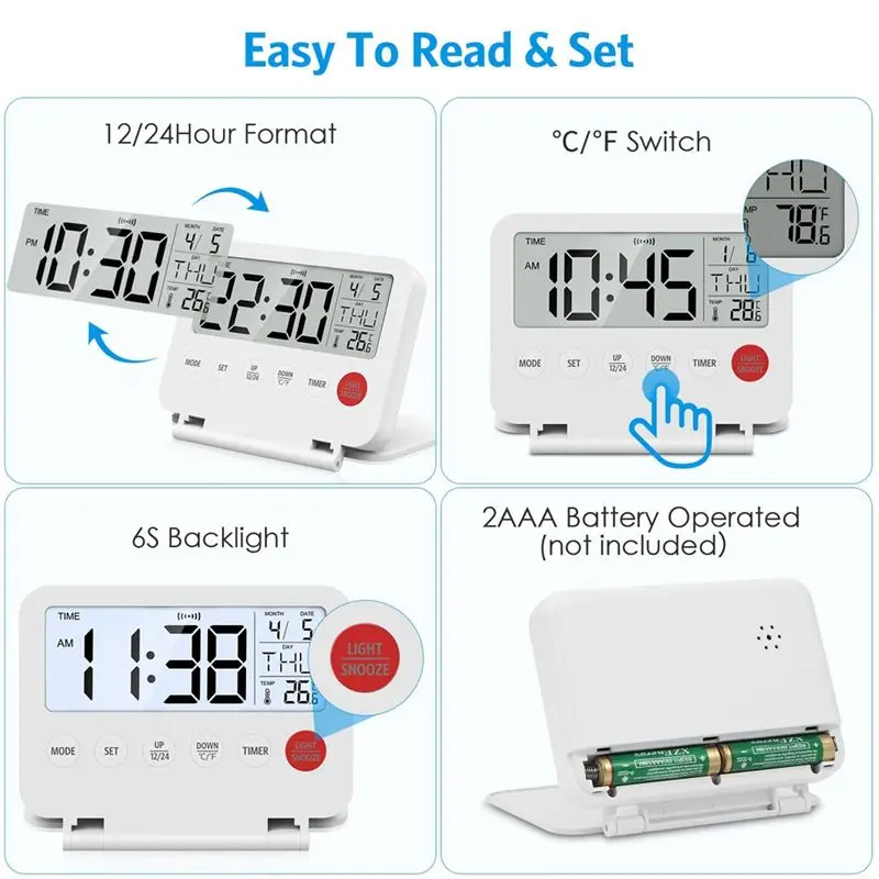 AS94-Travel Alarm Clock Small Foldable Portable Alarm Clock Desk Clock Battery Operated White
