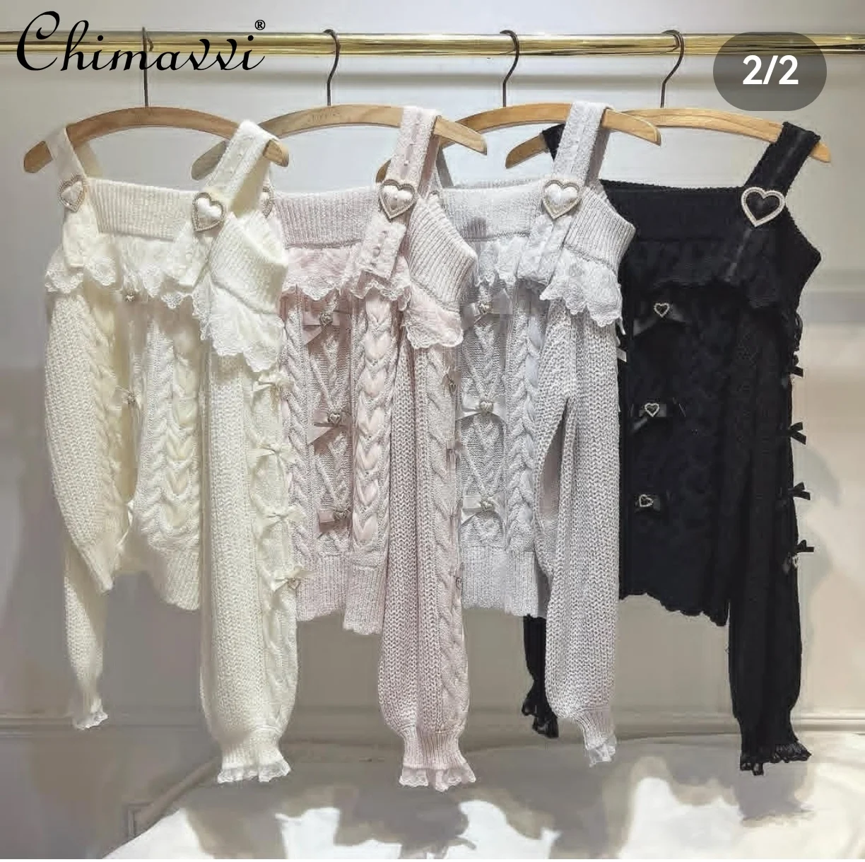 

New Liz Sweet Heart Pearl Bowknot Strap Knitted Sweater Autumn Winter Japanese Style Cute Girl Temperament Princess Sweater