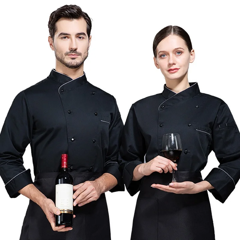 Jaqueta Chef clássica para homens e mulheres, uniforme restaurante, uniforme garçom, preto e branco