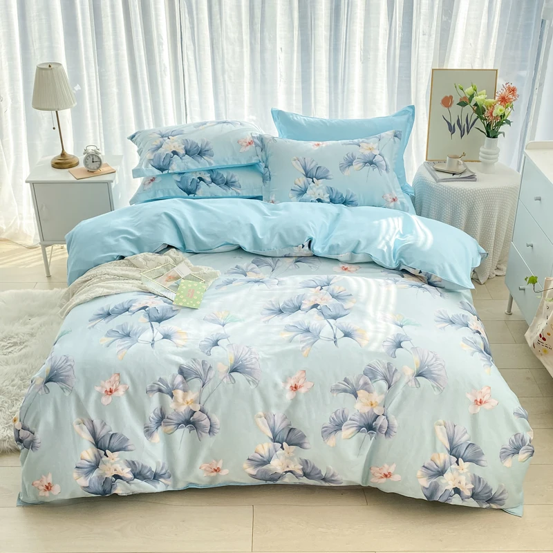 

Cotton Blue Flower Duvet Cover 3pcs for Girls Women Room Decoration Queen Bedding with Pillowcase Plant Flower Comforter Cover