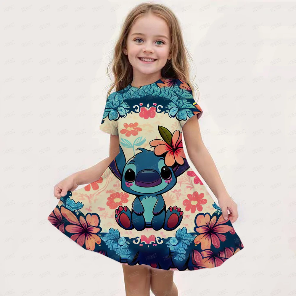 MINISO Summer Girls Dress Fashion Cartoon Lovely Stitch 3d Print Women Dresses Girls Short Sleeve Princess Dress Girls Clothing