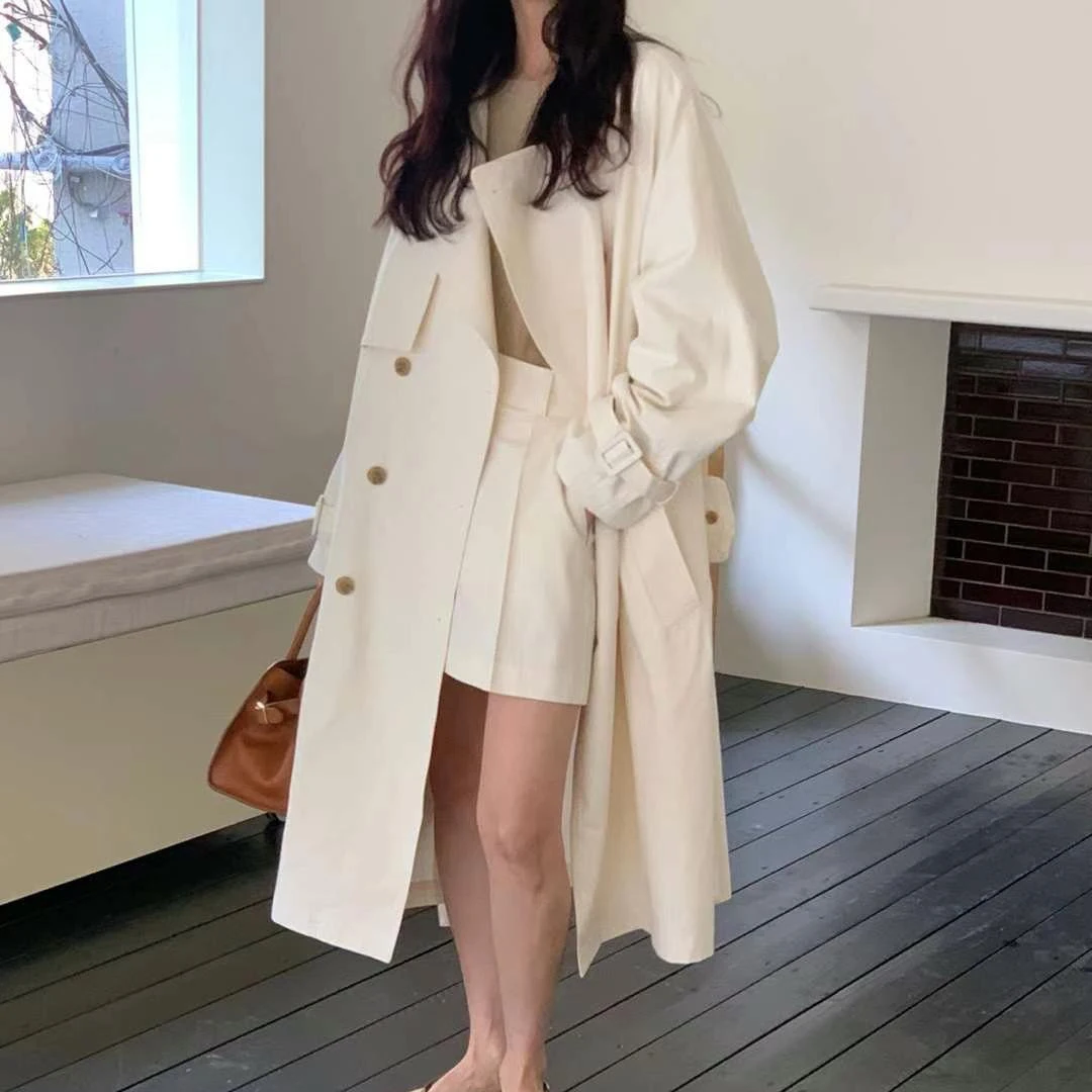 

SuperAen Sweet Pink Double-breasted Turn-down Collar Long Coat Spring New England Style Simple Spliced Lace-up Coats
