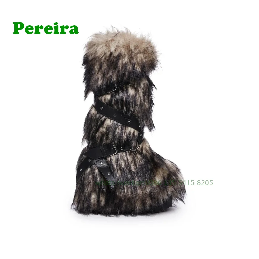 Animal Fur Belt Buckle Snow Boots Round Toe Height Increasing Knee High Women\'s Boots Plush Winter Warm Casual Shoes Luxury