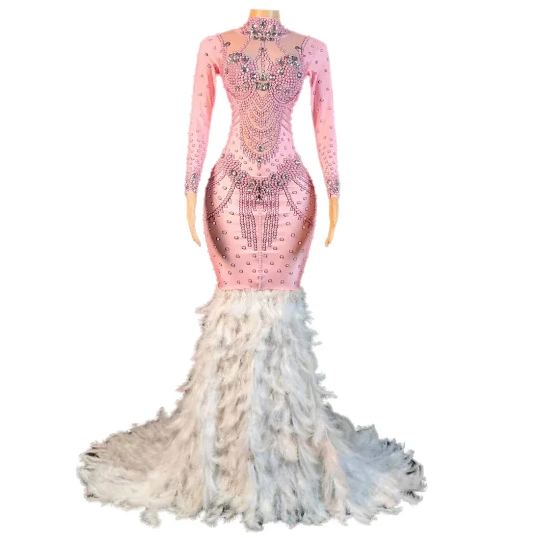 فستان نسائي طويل لامع من حجر الراين مع ريش ، فساتين ملكة عيد ميلاد ، وردي ، مقاس واحد ، مرن ، زي سحب ، احتفال زفاف