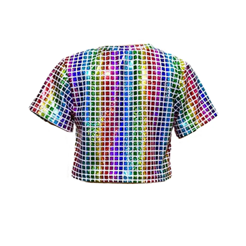 Kids Shiny Metallic Short-sleeved Crop Top Laser Grid Mock Neck Hip-hop Jazz Dance Costumes Street Dance Stage Performance Wear