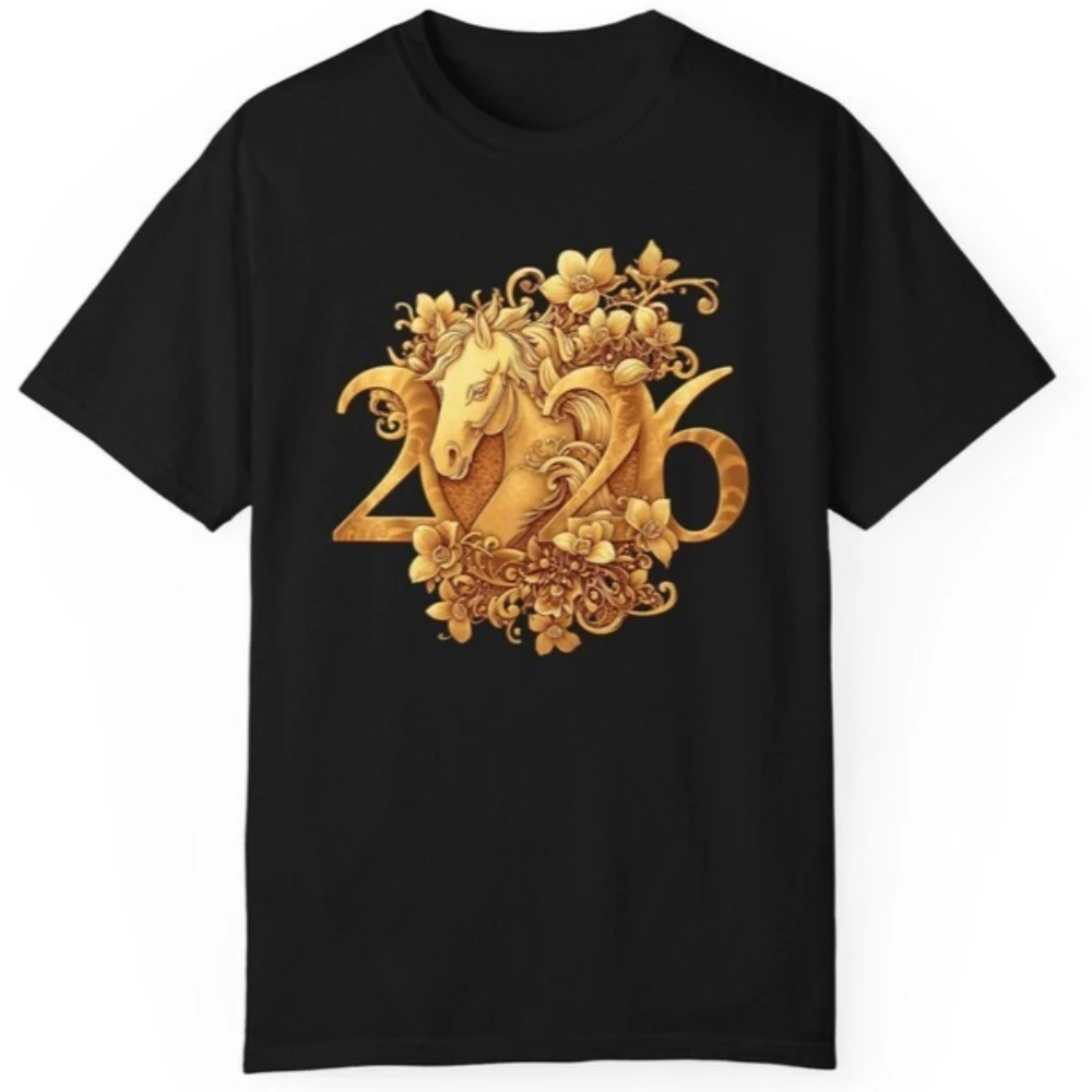 2026 سنة الحصان قميص السنة الصينية الجديدة المحملة السنة القمرية الجديدة هدية التي شيرت الذهب الحصان زودياك تي شيرت النساء الرجال بلوزات على الموضة #2