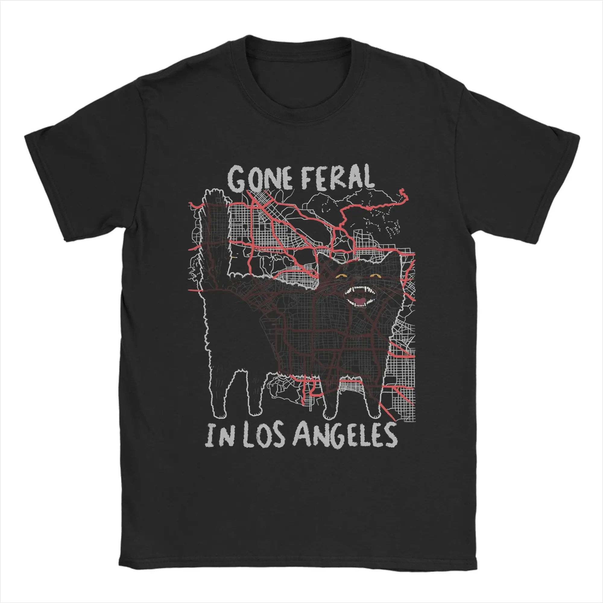 Gone Feral In Los Angeles T-Shirts for Men Black Cat Cool 100% Cotton Tee Shirt Crewneck Short Sleeve T Shirts Gift Idea Clothes
