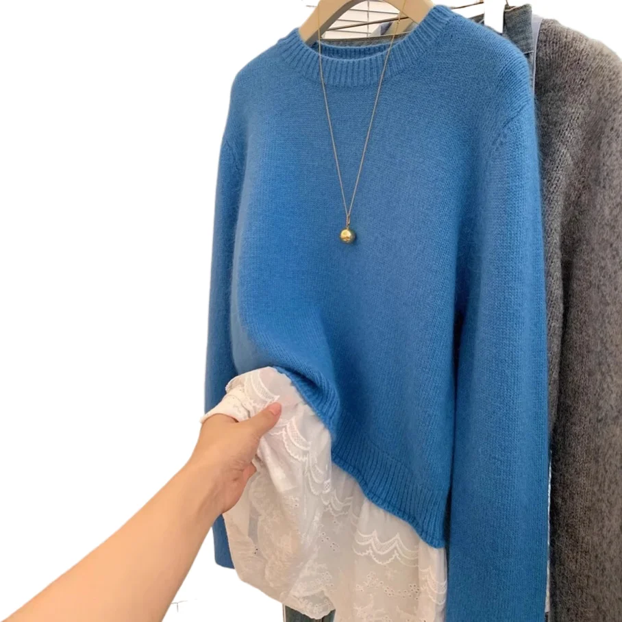 

Lace patchwork Sweater Sweet O-neck Loose Pullover Knitted Women Autumn Winter 2025 Solid Color Temperament Long Sleeved Top