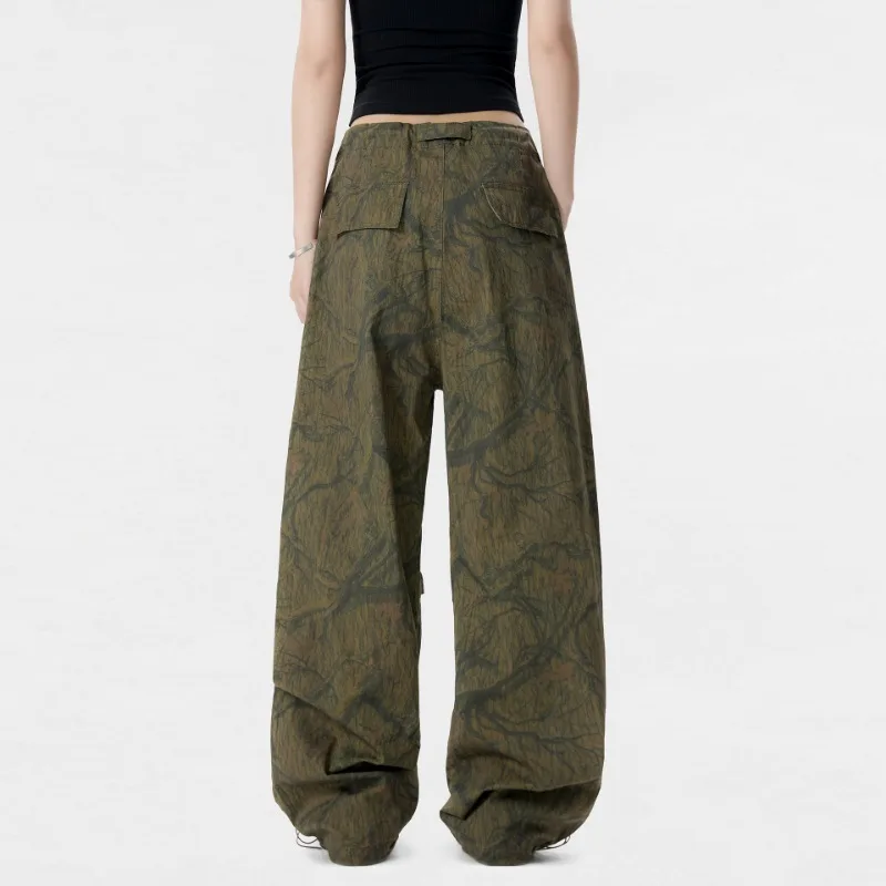 OR FL Baggy Staraight 97 Cotton Women Paratrooper Pants Fold Trendy Brand Wood Grain Retro Design Sense Tie the Feet Slacks Y2k