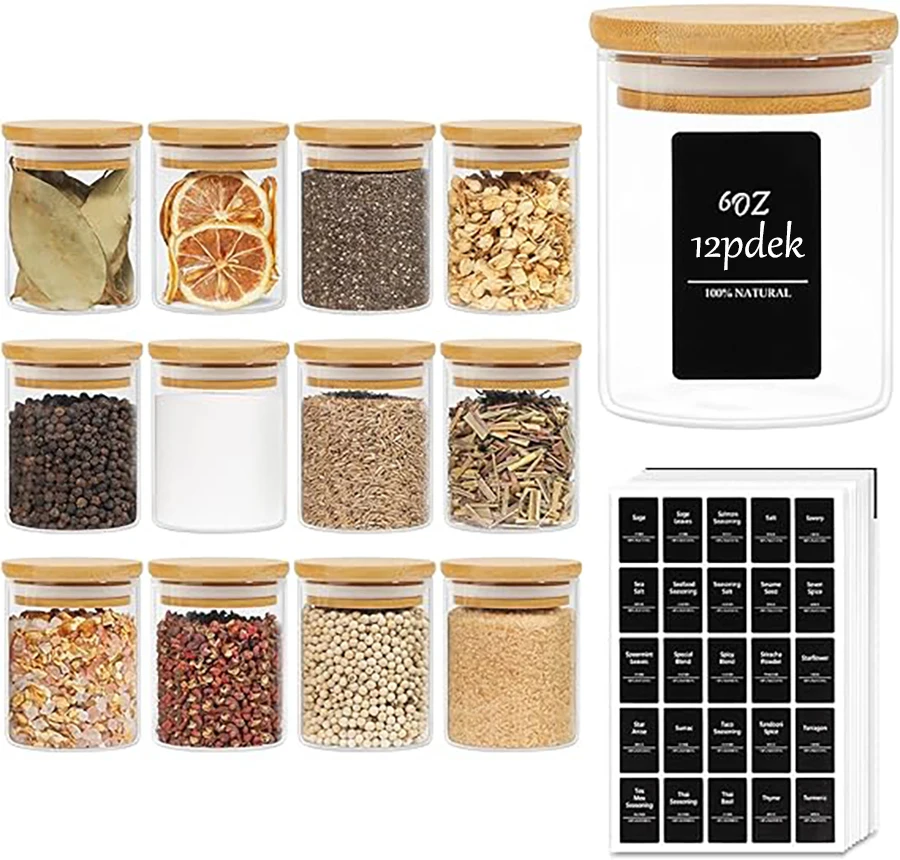 

12 piece glass spice jar with bamboo lid,6oz sealed circular container with 75 black labels, air-conditioned flavor jar for salt