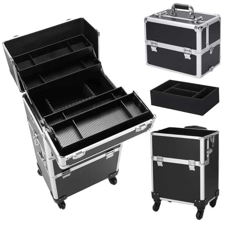 Hand Push Large Rolling Makeup Artist Case Professional Salon Makeup Case with Hair Stylist Nail Technician Accessories