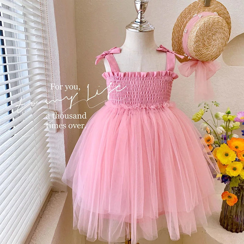 

Children's Princess Dress 2023 Summer New Girls' Mesh Straps Fluffy Bow Ball Gown Cake Dress Pink Yellow Girl Daily Cloth