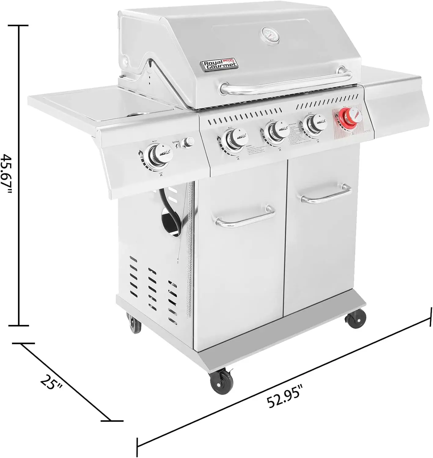 Royal Gourmet 4-Burner Propane Gas Grill with Sear Burner and Side Burner, 54,000 BTUs Cooking Power, Stainless Steel Grill