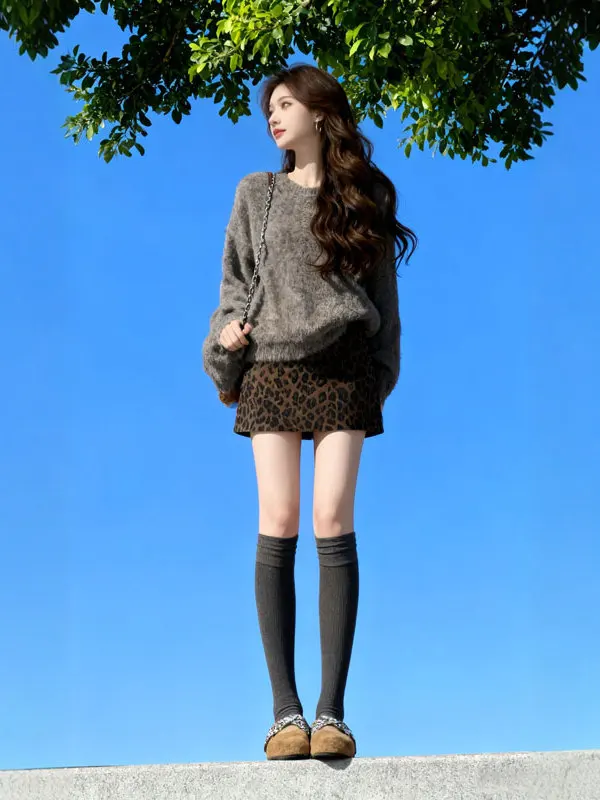 

Retro Unique Knitted Sweater Leopard Print f Skirt Two Piece Set Ele Clete Outfit Spring 2025 Faion Women's Set