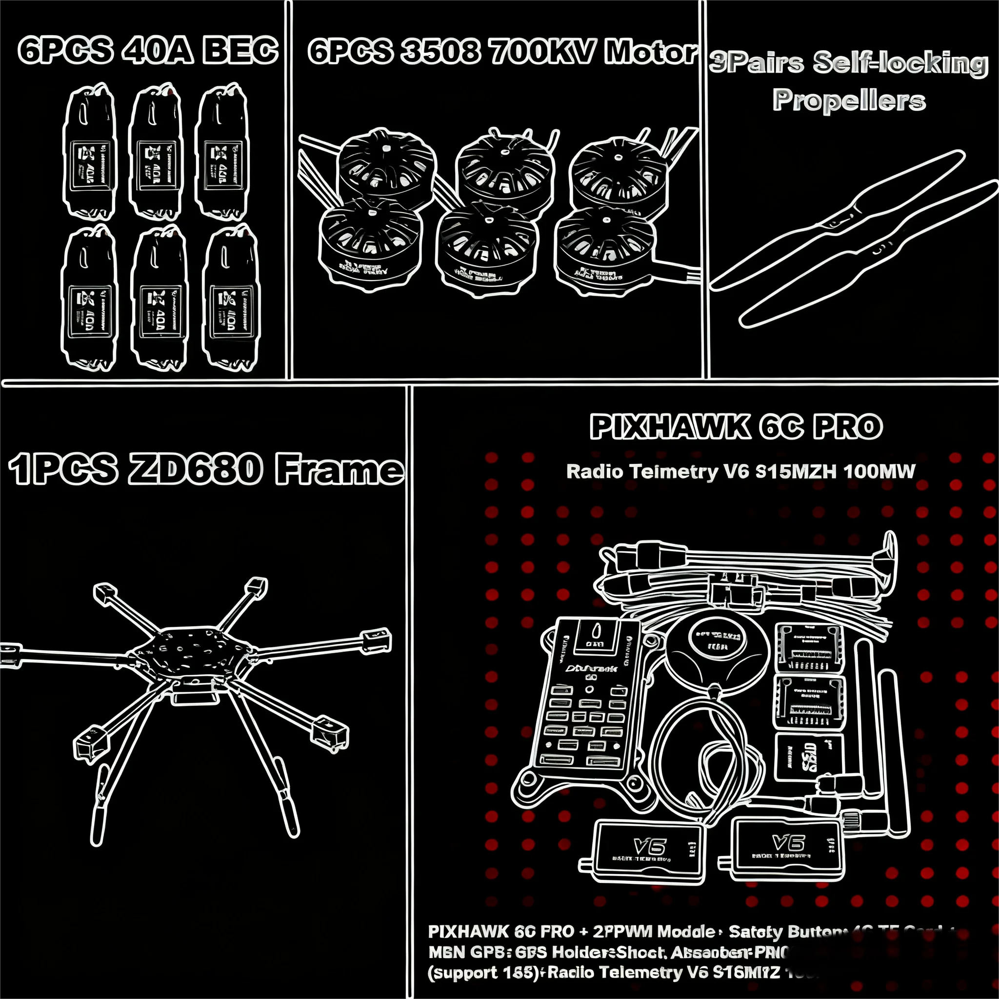 Happy ZD680 6C M8N M9N M10 Kit de cadre hexagonal à bras pliable hexa-rotor entièrement en Fiber de carbone PIXHAWK avec train d'atterrissage indodable