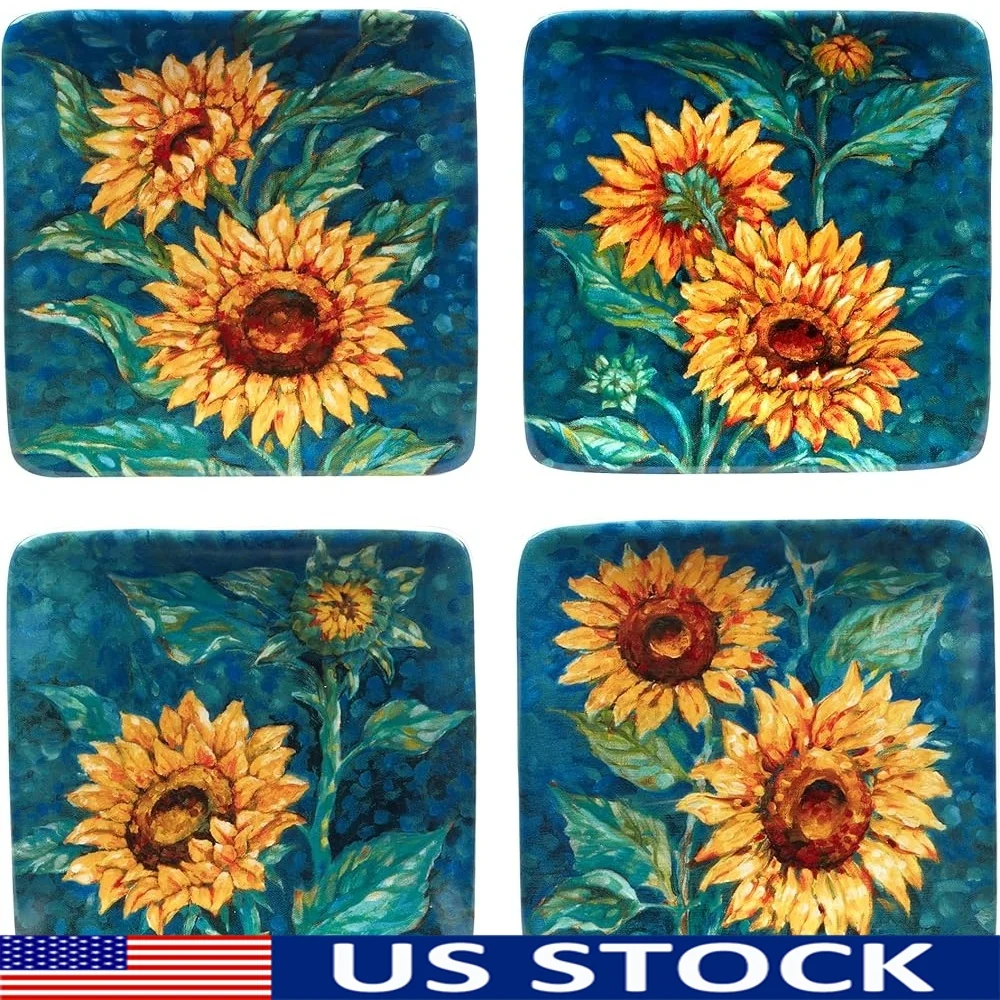 

Exquisite Hand-Painted Sunflower Canape Plates Set of 4 Ideal Entertaining Gifts Decorative Earthenware Accents
