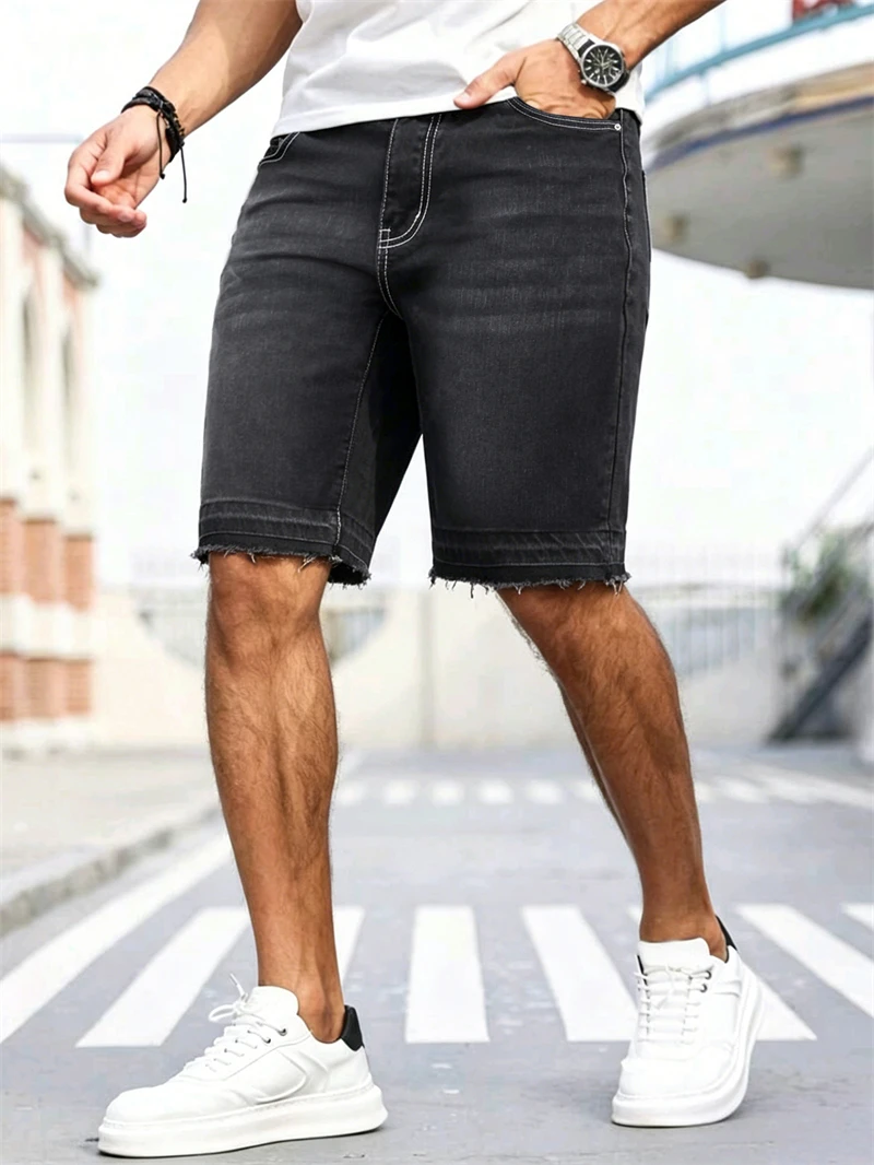 Men's Stretch Black Jorts Street Style Denim Shorts Summer New Korea Fashion Casual Bermuda Hip Hop Knee Length Jeans view 2