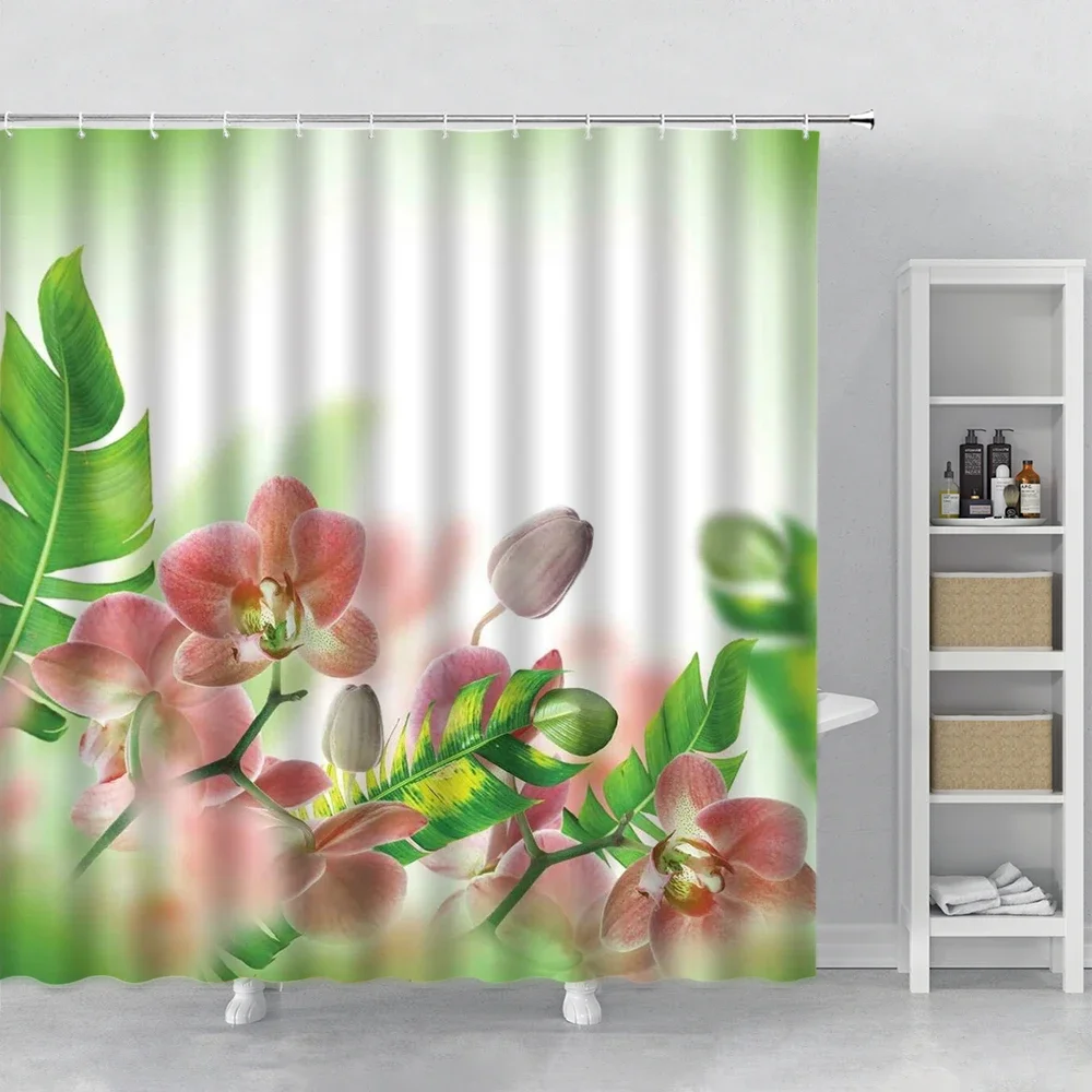 Flower Shower Curtain Set Orchid Teal Rose Plant Floral Leaves Print Bathroom Decor Fabric Bath Curtain Bathtub Accessories Hook