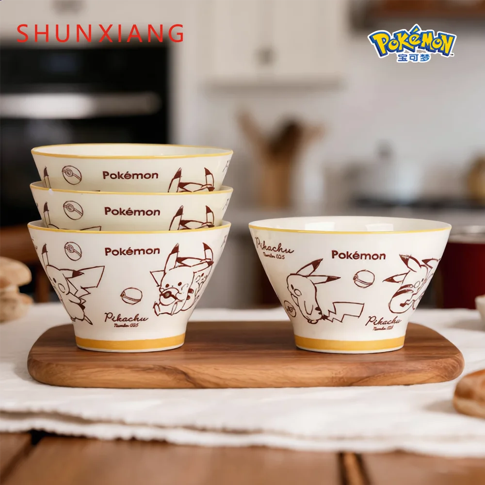 SHUNXIANG Pokémon Licensed 5 Inch Underglaze Color Ceramic Rice Bowl Pikachu Cartoon Cone Bowl Salad Snack Bowl Microwave Safe