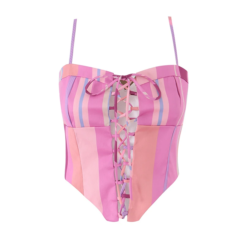 YENKYE Women's Pink Stripe Lace Up Corset Cami Top Sweetheart Neck Spaghetti Strap Asymmetric Hem Summer Boho Crop Tank Tops