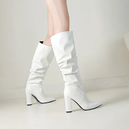 White Black Brown Women Knee Boots Pointed Toe Square High Heel Ladies Calf Boots PU Leather Slip on Pleated Women Boots 2024