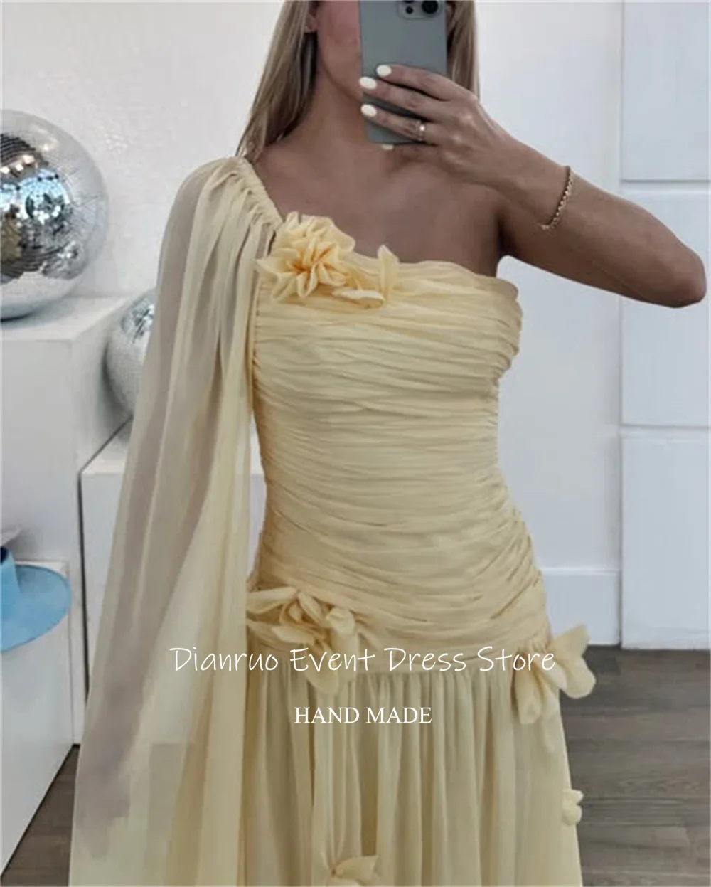 Dianruo plissado uma linha vestidos de noite chiffon amarelo vestidos de festa elegante um ombro praia vestidos de formatura personalizado