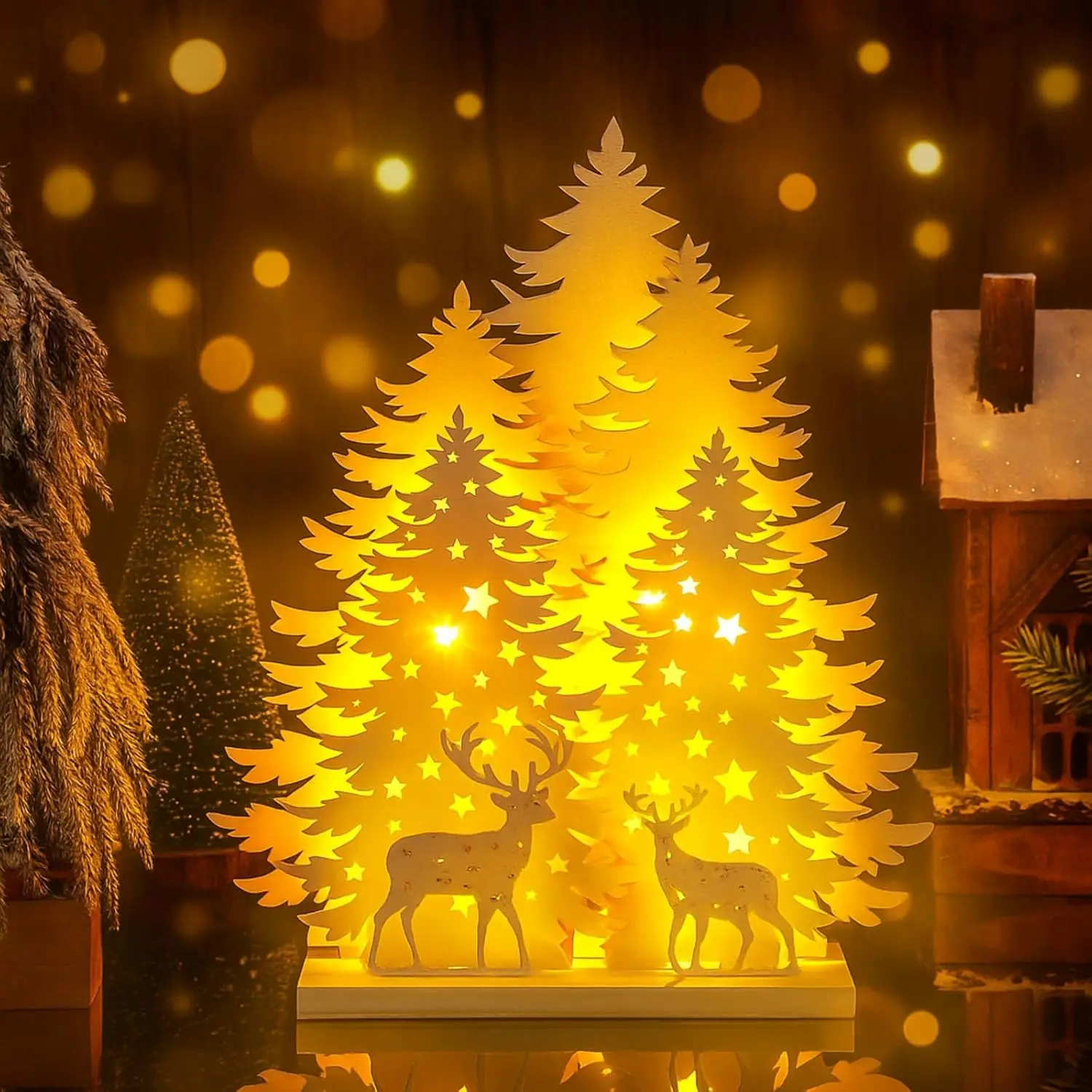 

13,7-дюймовый деревянный светодиодный светильник для рождественской елки с силуэтом оленя для декора мантии