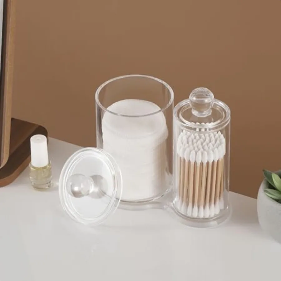 Porta Qtip Contenitore rotondo trasparente Porta batuffoli di cotone con coperchio Porta pennelli per trucco Organizzatore da bagno Organizzatore in acrilico fo
