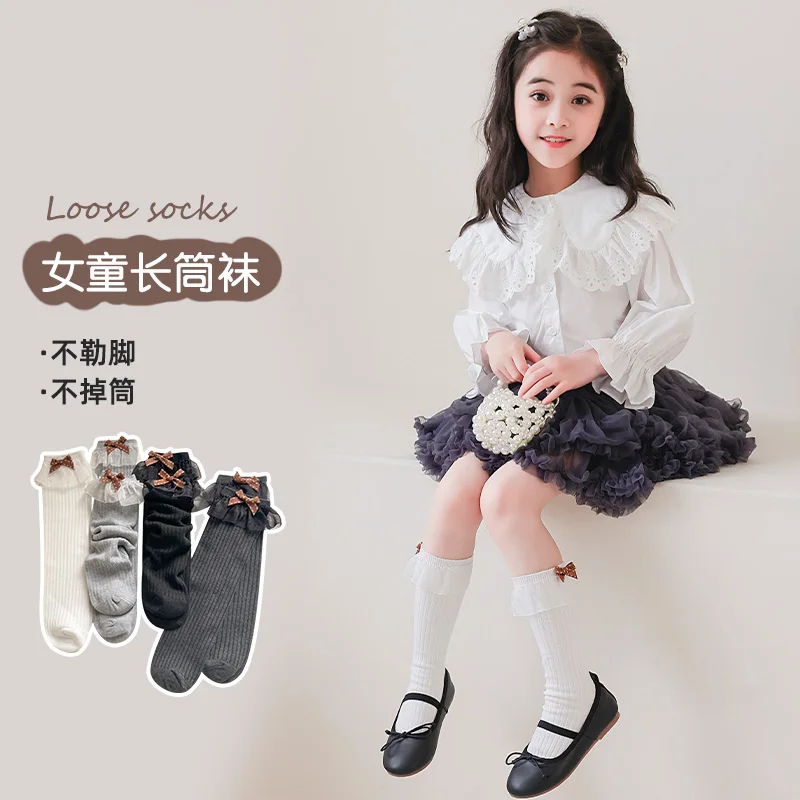 Dot Orange Bow Sheer Tulle Big Lace Bow Long Slouch Socks For Cute Little Girls Solid Color Slim Fit Elastic Lightweight Hosiery