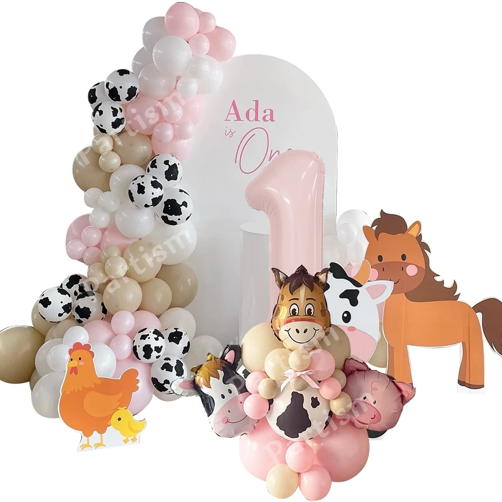 1set Carton Farm Animal Cow Pig Balloon Tower Pink Foil Number Balloons for Kids Farm Animals Birthday Party Decoration Supplies