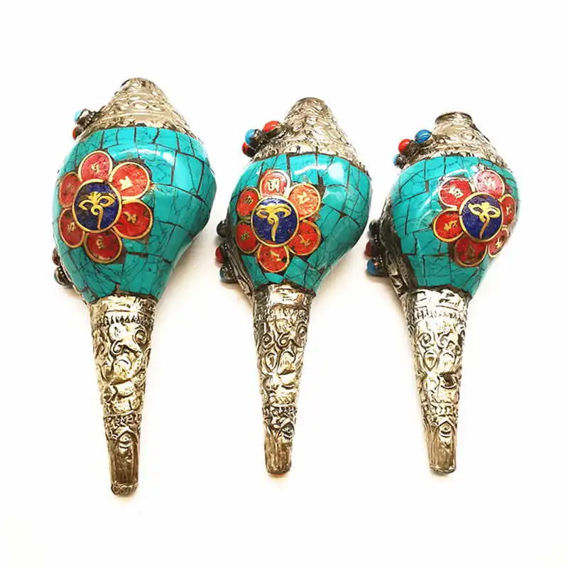 15CM Real Seashell Handicrafts Tibetan Buddhist Things Copper Capped Colorful Stone Craft Arts Free Shipping BC980