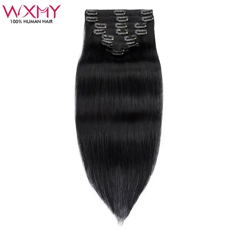 Extensiones de cabello humano con Clip, cabello liso para cabeza completa, negro azabache, 100% Remy, 12-24 pulgadas, 8 unidades por juego