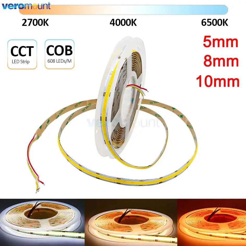 Bande LED COB CCT à Intensité Variable pour Touriste, Ruban Linéaire Flexible, Haute Densité, 3 Fils, Blanc, 5mm, 8mm, 10mm, DC 600/608 gible/m, 5m,