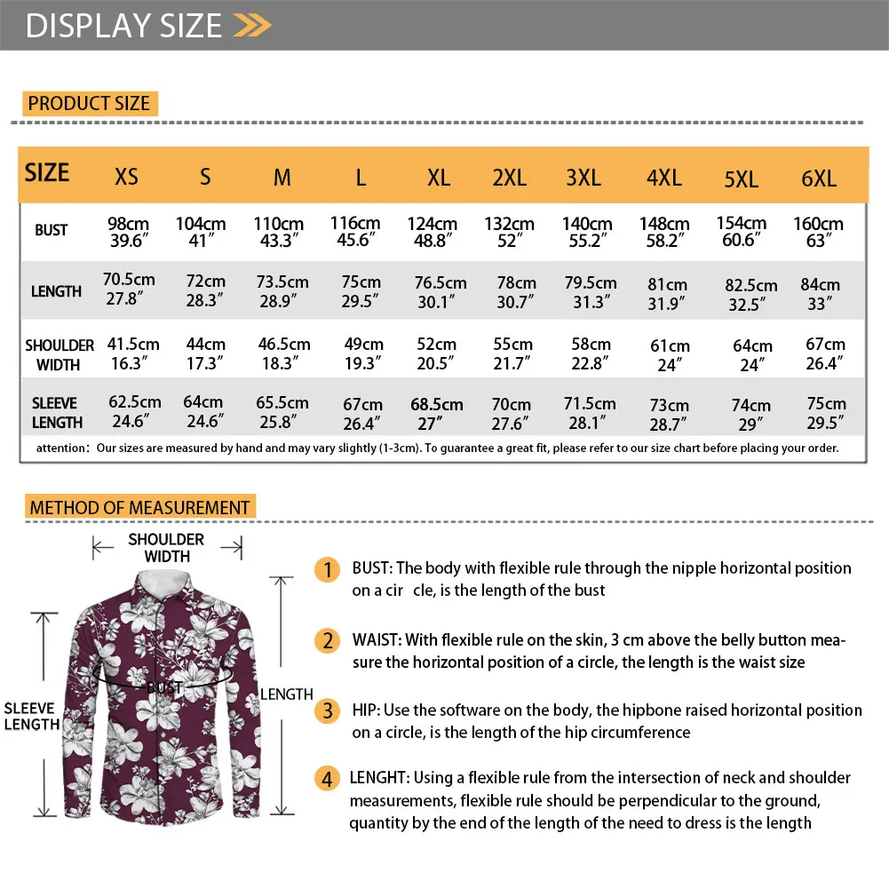 Men's Long Sleeve Shirts Turn-down Collar Casual Beach Style XS S M L XL 2XL 3XL 4XL 5XL 6XL Custom Print On Demand