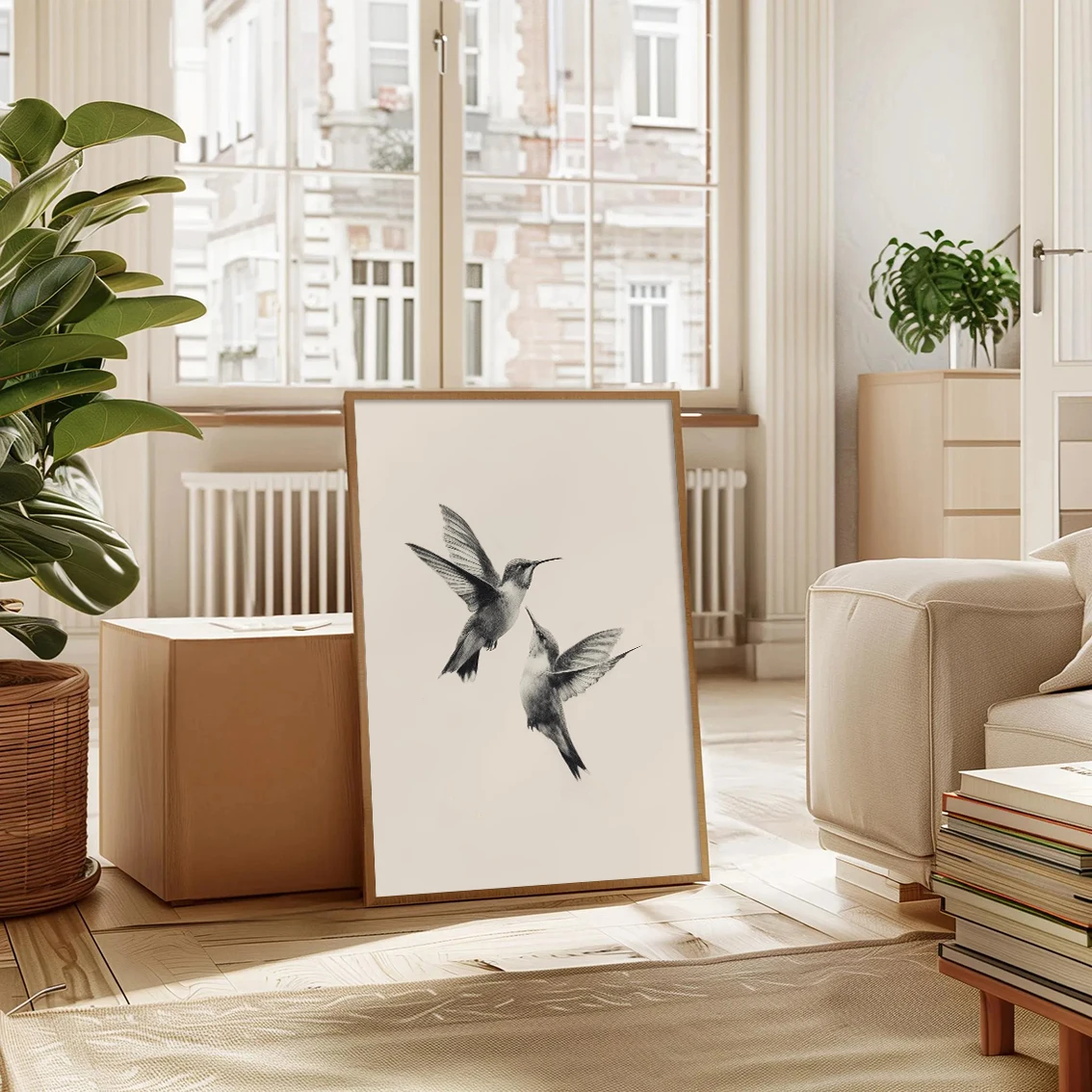Vintage hummingbird sketch print,minimalist black and white double bird wall art,home decor,suitable for living room and hallway