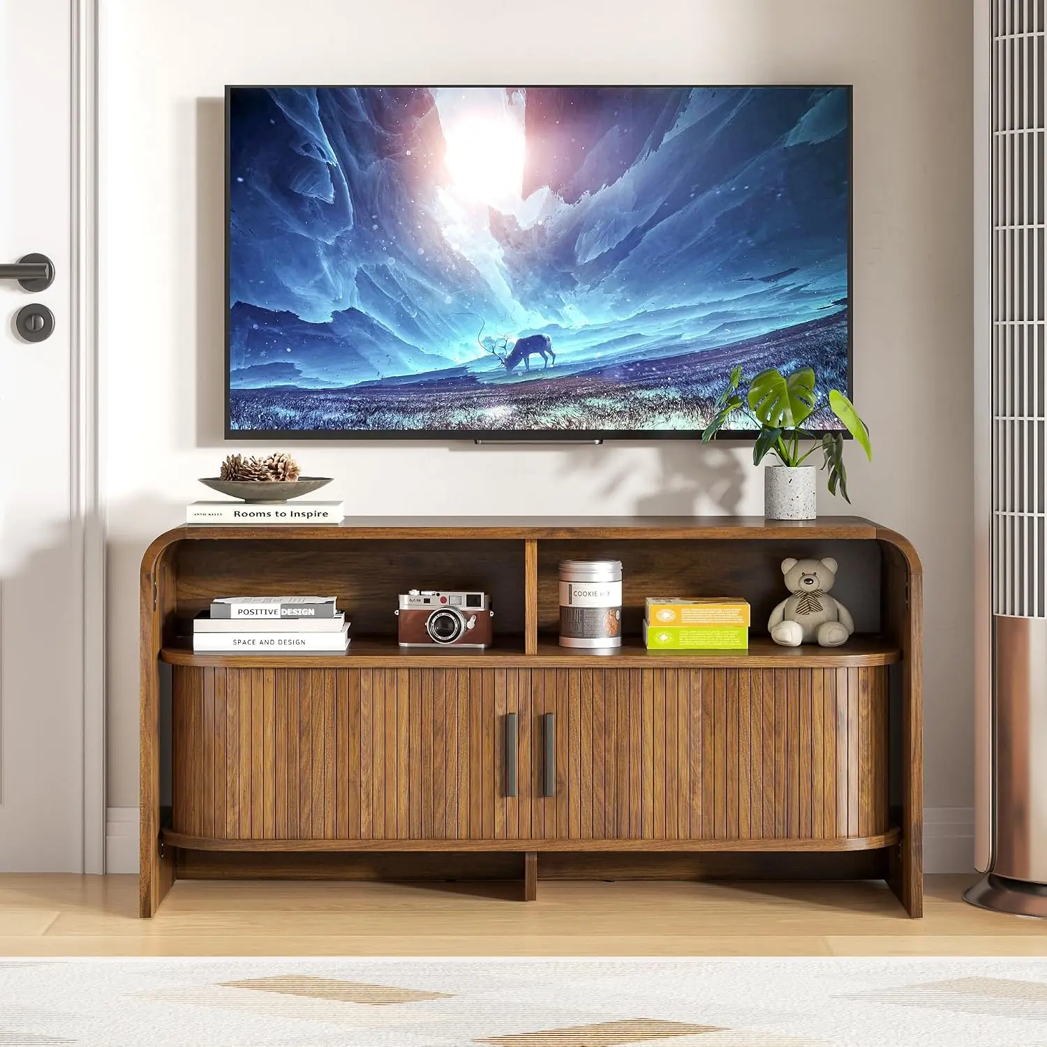 Small TV Stand Low Fluted Console for 40-43 Inch, Mid Century Center with Sliding Doors, Wood Table for Bedroom &Customized