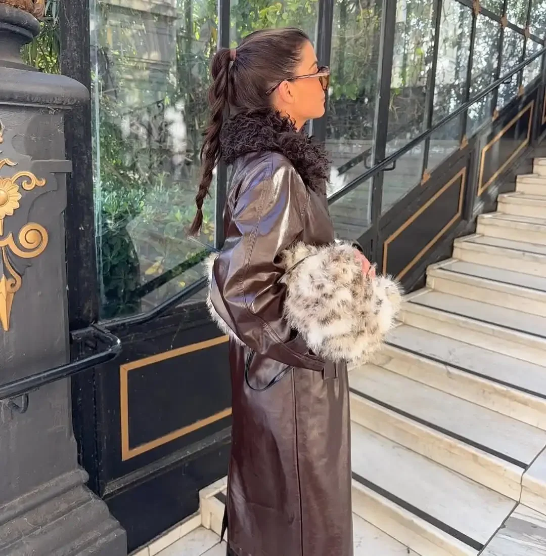 Fur Collar Patchwork Women Leather Jacket Fashion Full Sleeve Lace Up Loose Coat With Belt 2025 Lady Daily High Street Outerwear