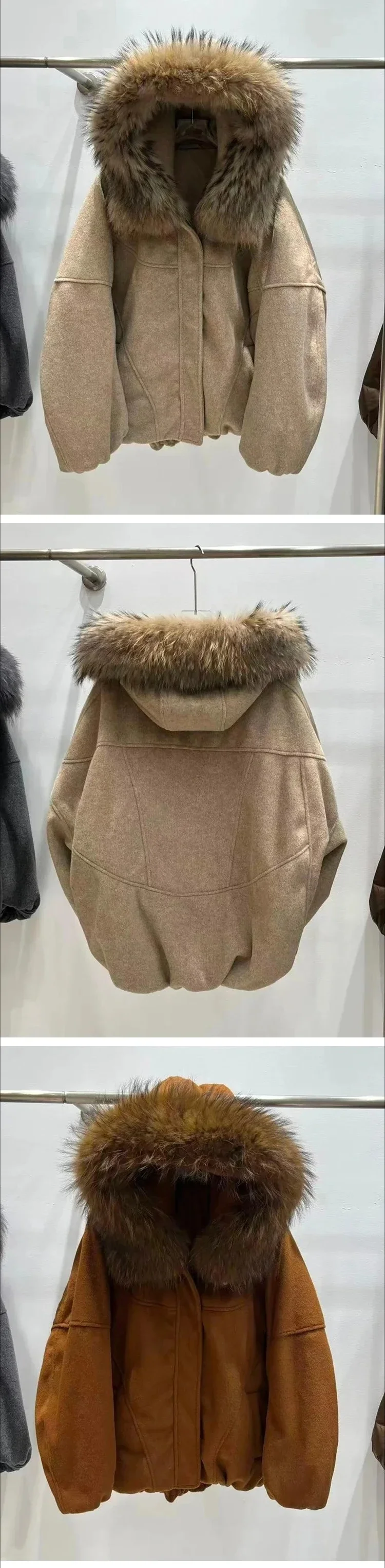 OFTBUY Echter Natürlicher Waschbärpelz-Parka Neuer Winter-Oversized-Wollmantel mit Weißer Entendaunenfüllung für Damen Dicker Warmer Kurzer Kapuzen-Flauschparka – Detail 6