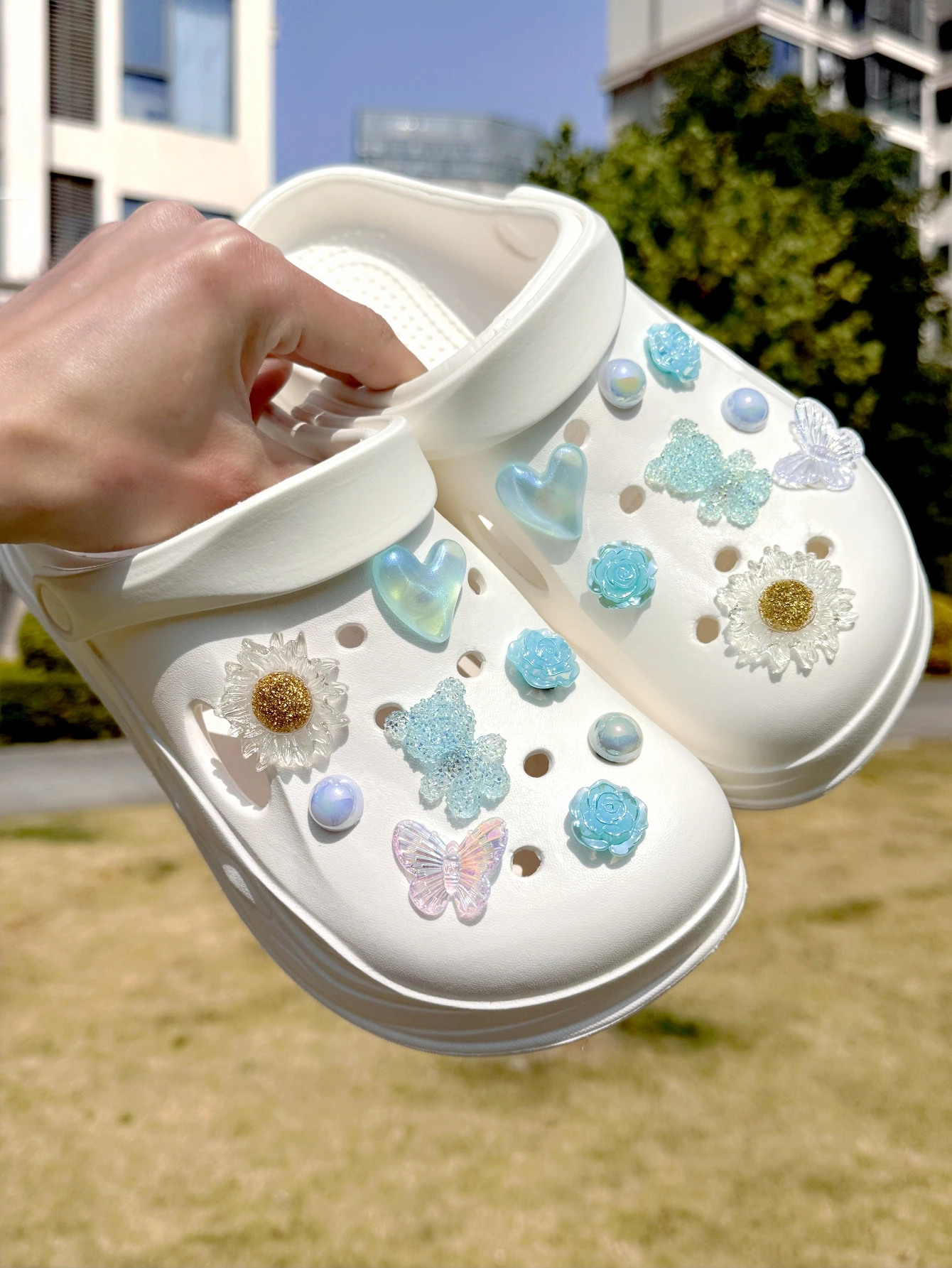 

16 шт. туфли из крокодиловой кожи (синий бриллиантовый медведь, сердце Авроры, подсолнечная бабочка) Аксессуары для обуви - съемное украшение своими руками