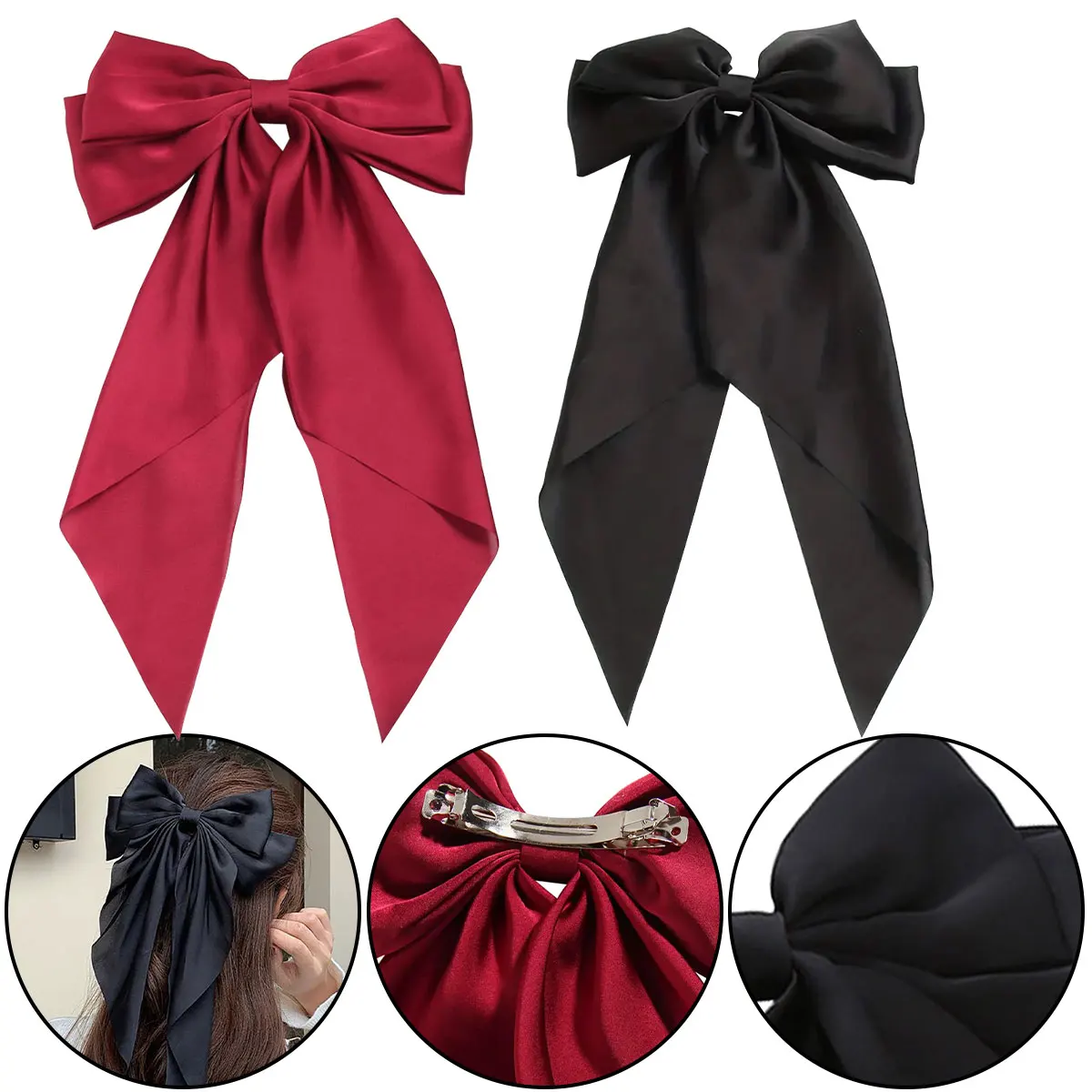 

Fashion Elegant Bow Ribbon Hair Clip Solid Satin Spring Clip Hair Pin Retro Headband with Clips Girls Hair Accessories