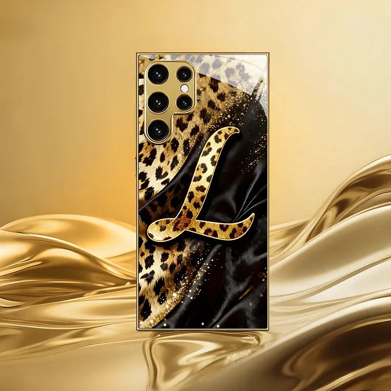 Leopard gold L-shaped glass phone case suitable for Samsung Galaxy S26 S25 S24 S22 S21 S20 FE/Ultra/Plus anti drop back cover